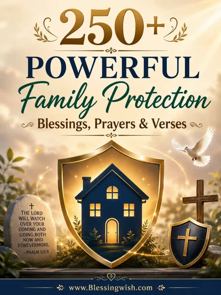 250+ powerful family protection blessings, prayers and Bible verses with a shielded home and Christian symbols.