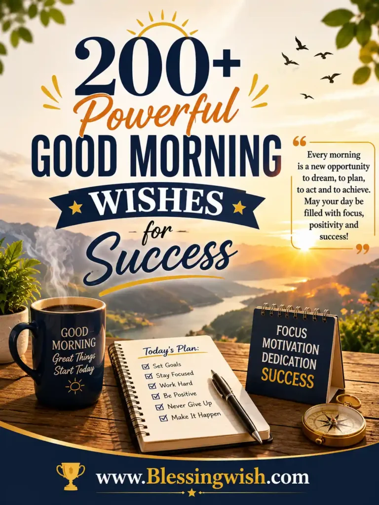 200+ Powerful Good Morning Wishes for Success 200+ Powerful Good Morning Wishes for Success with sunrise, motivational workspace, inspiring quote, and Blessingwish.com featured image.