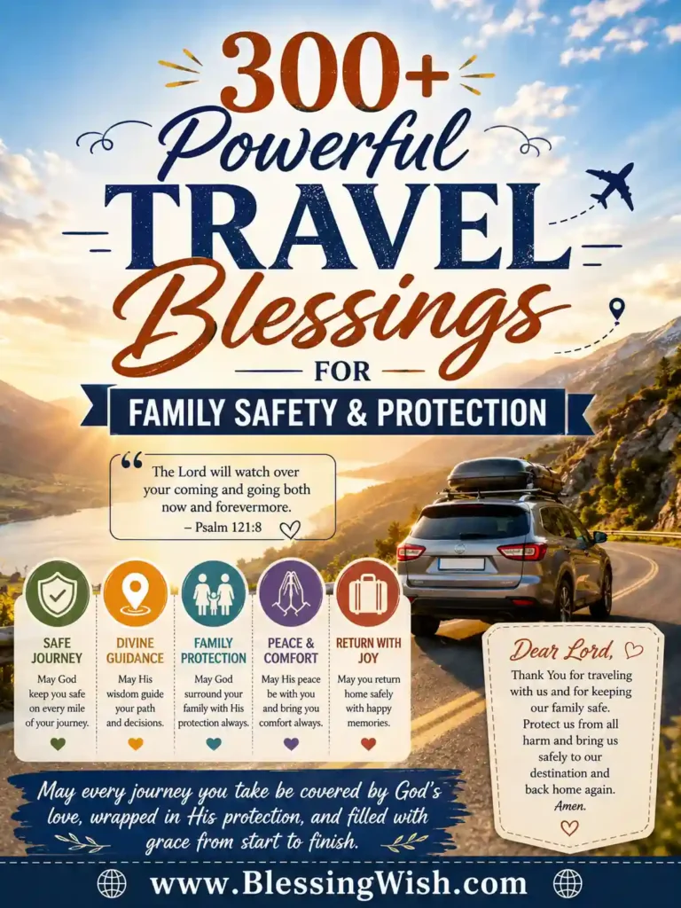 300+ Powerful Travel Blessings for Family Safety & Protection A fresh travel-themed design with a scenic mountain road, family safety symbols, warm sunrise tones, and faith-centered blessings, without any human photos. It includes 300+ Powerful Travel Blessings for Family Safety & Protection and www.BlessingWish.com