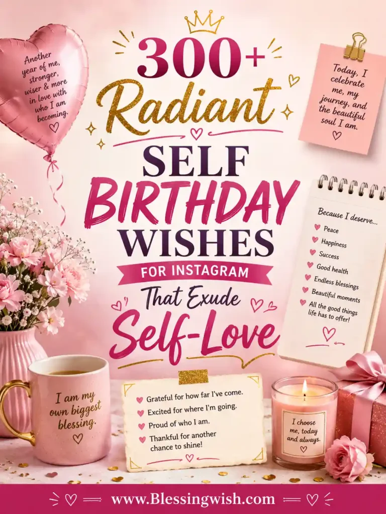 300+ radiant self birthday wishes for Instagram with a pink, gold, and purple self-love celebration theme.