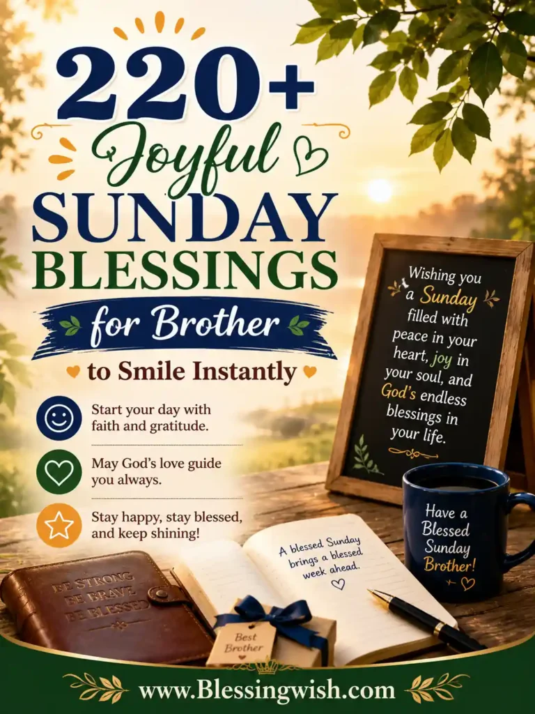 Joyful Sunday blessings for brother with uplifting wishes, faith-inspired design, sunrise theme, and heartfelt Christian encouragement.