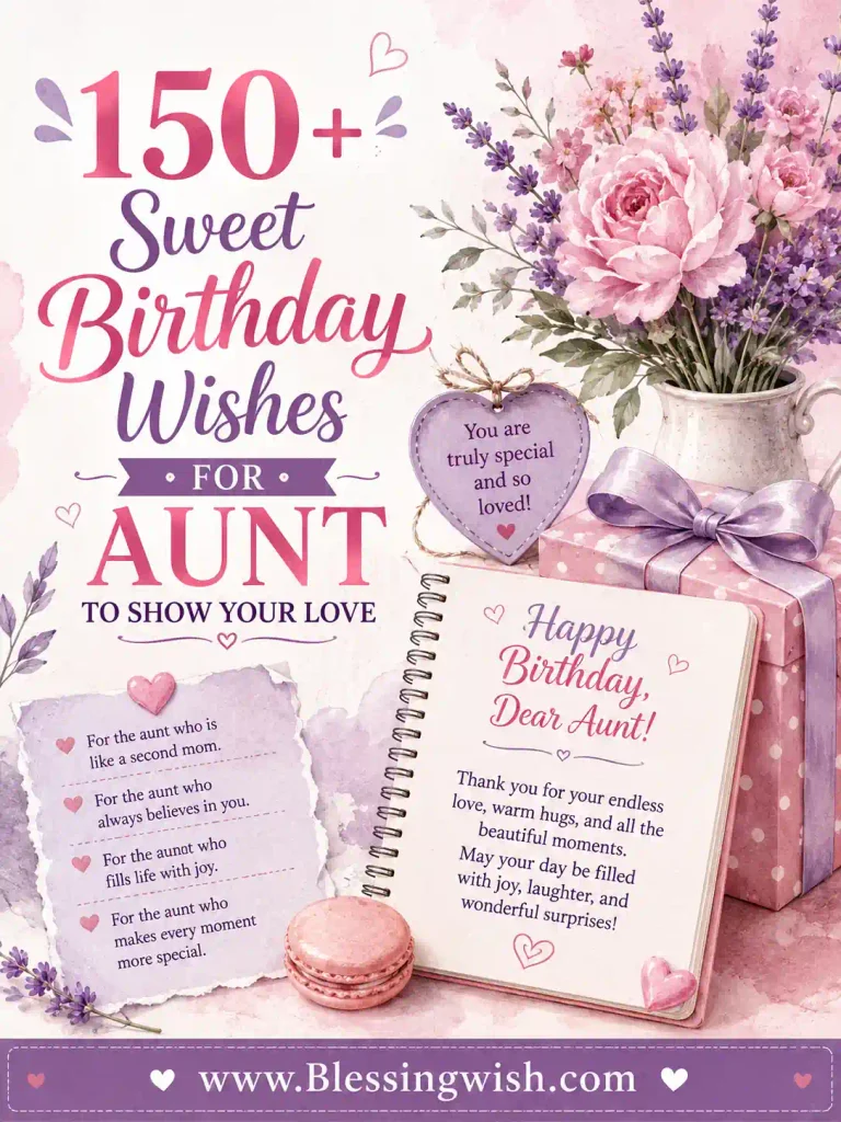 150+ sweet birthday wishes for an aunt with pink and purple flowers, gifts, hearts, and elegant birthday typography.