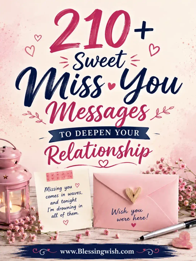 210+ sweet miss you messages to deepen your relationship, featuring romantic hearts, a love letter, flowers, and a warm pink background.
