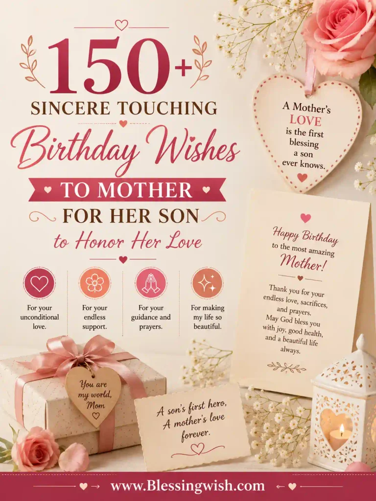 150+ heartfelt birthday wishes for a mother from her son, honoring her love, sacrifices, guidance, and prayers.