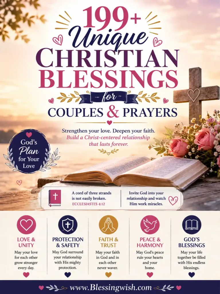 199+ unique Christian blessings for couples and prayers with a Bible, cross, flowers, and faith-inspired design.