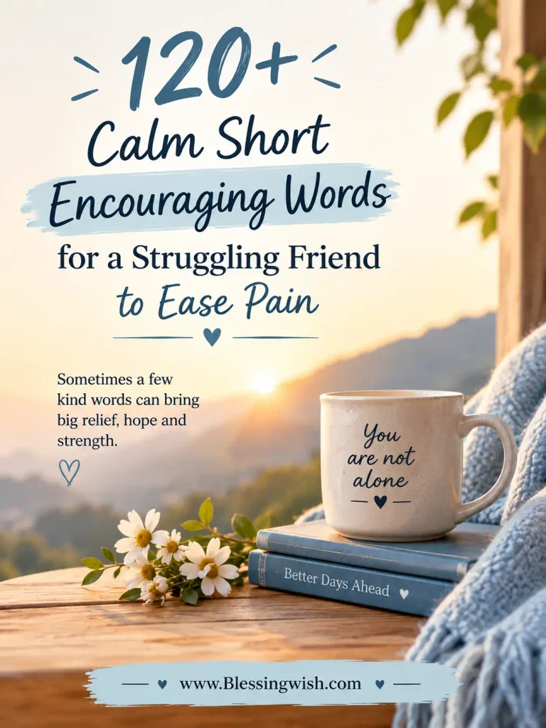 120+ calm short encouraging words for a struggling friend, with a peaceful sunrise, cozy mug, flowers, and a message of hope and comfort.