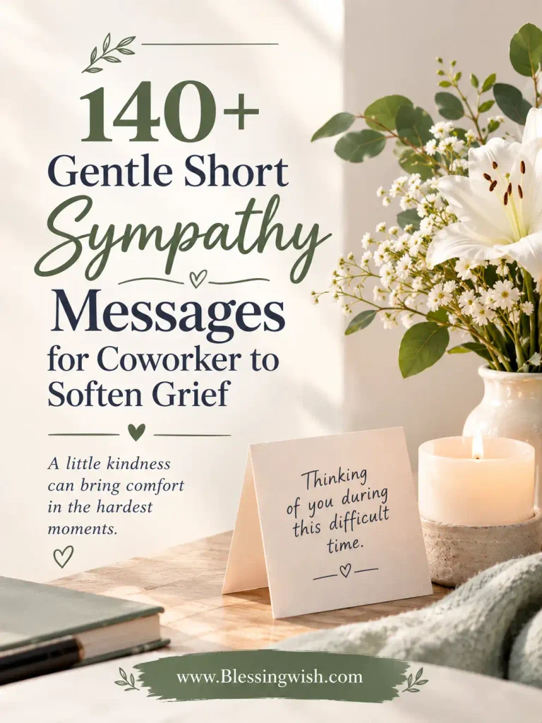 140+ gentle short sympathy messages for a coworker, featuring white flowers, a candle, and a comforting note in a calm minimalist design. www.Blessingwish.com