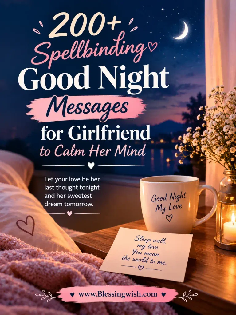 200+ spellbinding good night messages for girlfriend to calm her mind, featuring a cozy moonlit setting, romantic flowers, and comforting love notes.