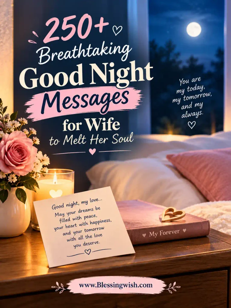 250+ breathtaking good night messages for wife with romantic wishes, a cozy moonlit bedroom, roses, candlelight, and heartfelt words to melt her soul.