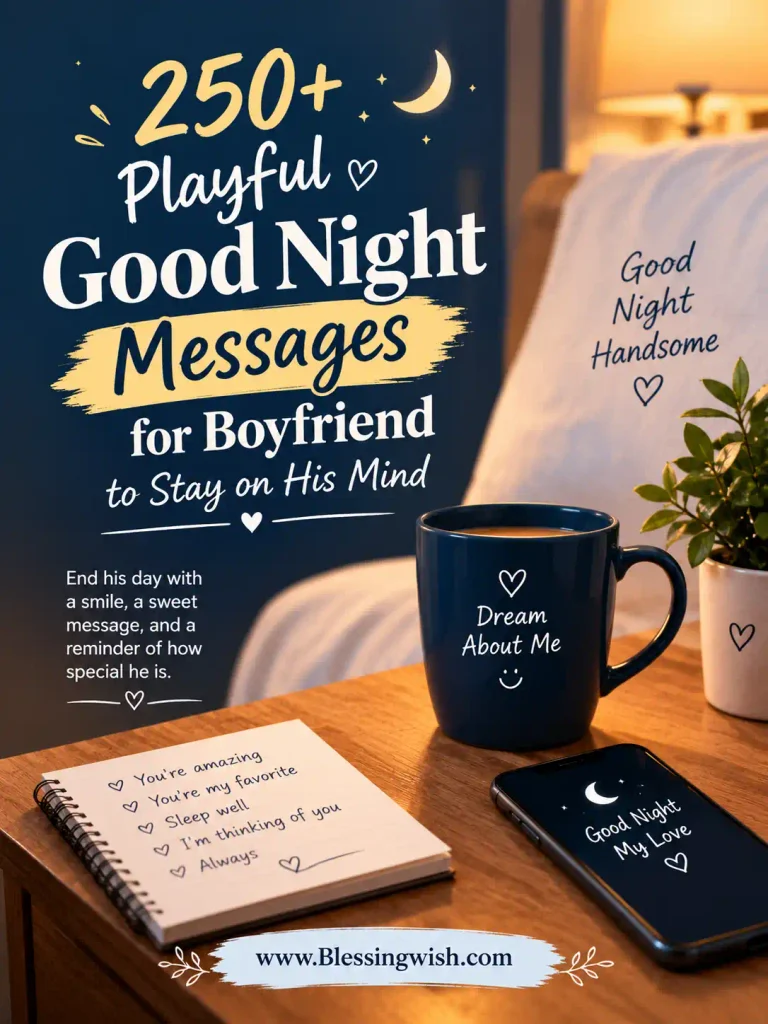 250+ playful good night messages for boyfriend with a cozy romantic bedroom scene, moonlight, sweet notes, and “www.Blessingwish.com” in the footer.