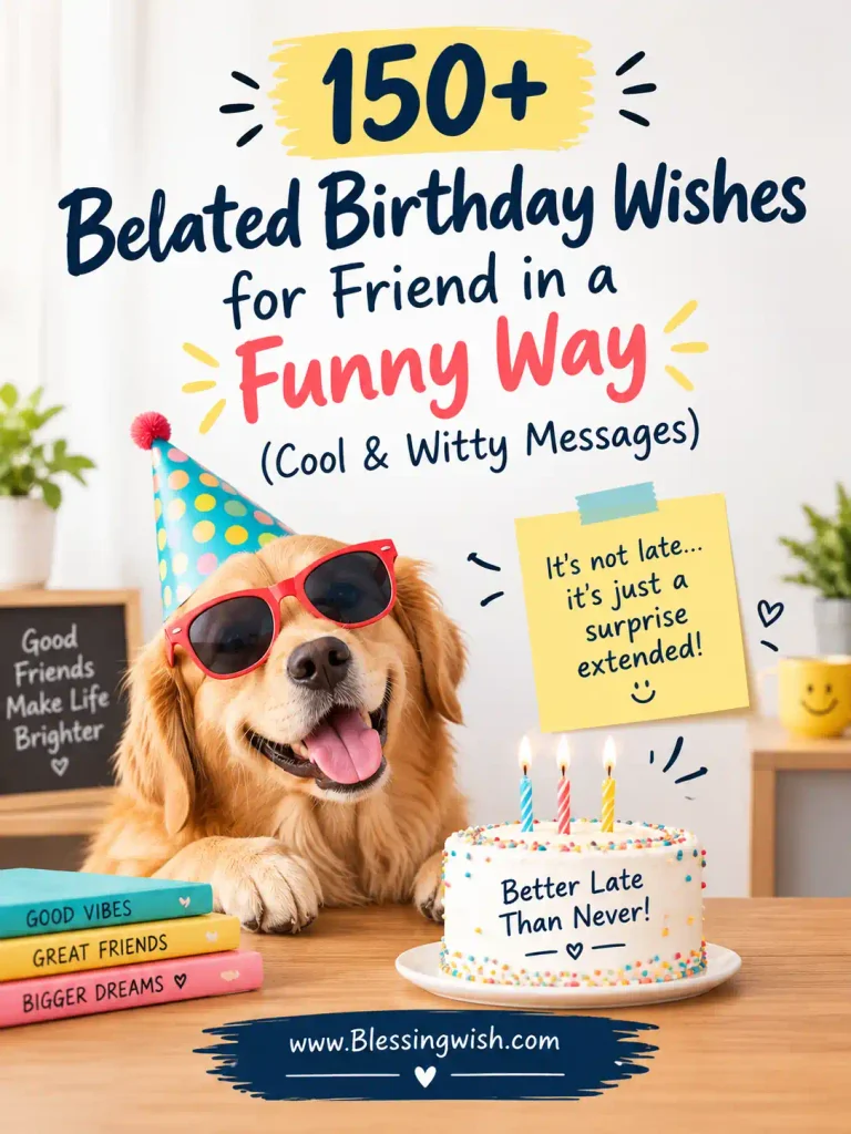 150+ belated birthday wishes for a friend in a funny way, featuring cool and witty messages, a playful birthday cake, and a cheerful dog wearing sunglasses.