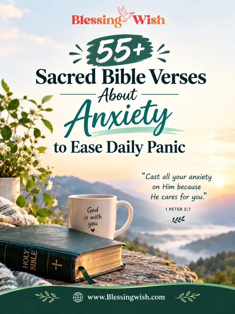 Bible-inspired image showing “55+ Sacred Bible Verses About Anxiety to Ease Daily Panic,” with a calm, comforting design and faith-focused atmosphere. www.Blessingwish.com