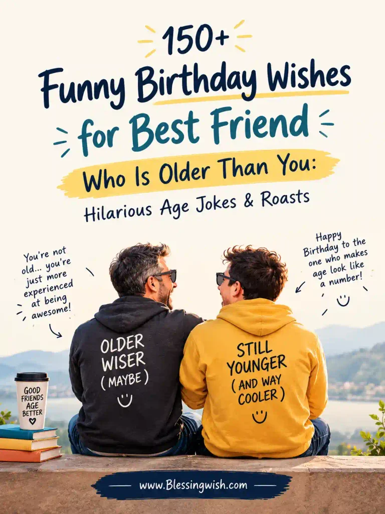 Funny birthday wishes for a best friend who is older than you, featuring hilarious age jokes, playful roasts, two friends laughing, and BlessingWish.com.