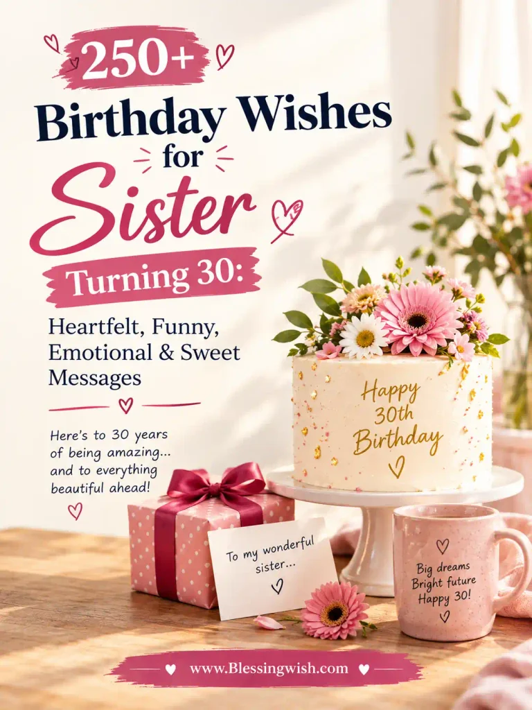250+ birthday wishes for a sister turning 30, featuring heartfelt, funny, emotional, and sweet messages with a beautiful birthday cake, flowers, gift, and www.Blessingwish.com footer.