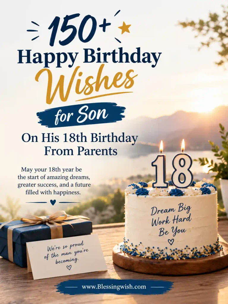150+ happy birthday wishes for son on his 18th birthday from parents, featuring a blue and gold birthday cake, gift box, warm sunset background, and heartfelt celebration design.