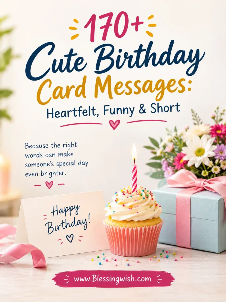 170+ Cute Birthday Card Messages in a colorful birthday design with a cupcake, gift, flowers, and heartfelt, funny, and short birthday wishes.