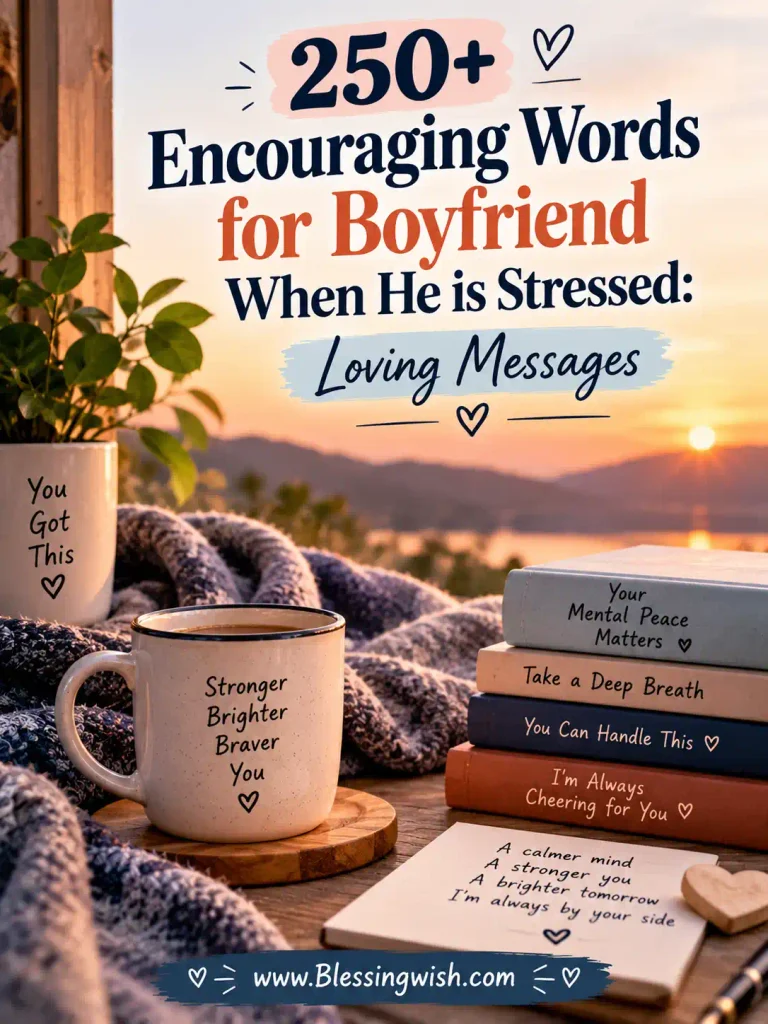 250+ encouraging words for a stressed boyfriend, featuring loving messages, cozy imagery, calming colors, and supportive phrases for emotional comfort.