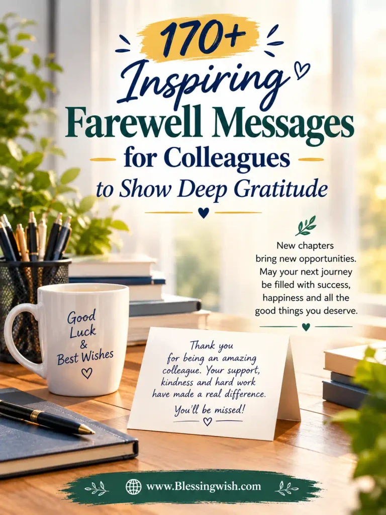 Inspiring farewell messages for colleagues with a warm office goodbye theme, featuring coworkers parting ways and heartfelt gratitude. www.BlessingWish.com