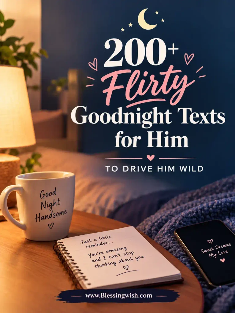 200+ flirty goodnight texts for him in a cozy romantic bedroom setting, with sweet nighttime vibes, cute hearts, a phone, and warm lighting for a playful mood.