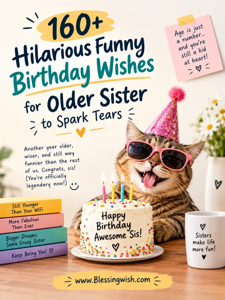 160+ hilarious funny birthday wishes for an older sister, featuring a playful birthday cake, party cat, colorful accents, and a cheerful celebration theme.