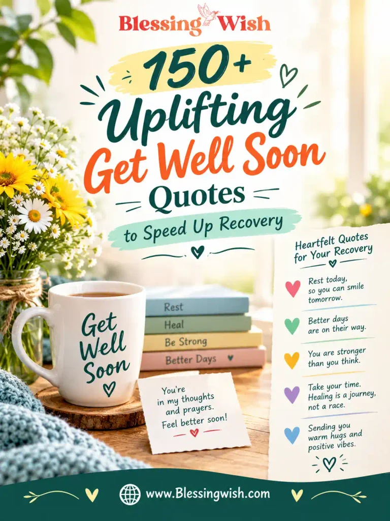 150+ uplifting get well soon quotes to bring comfort, hope, and encouragement for a speedy recovery. BlessingWish.com.