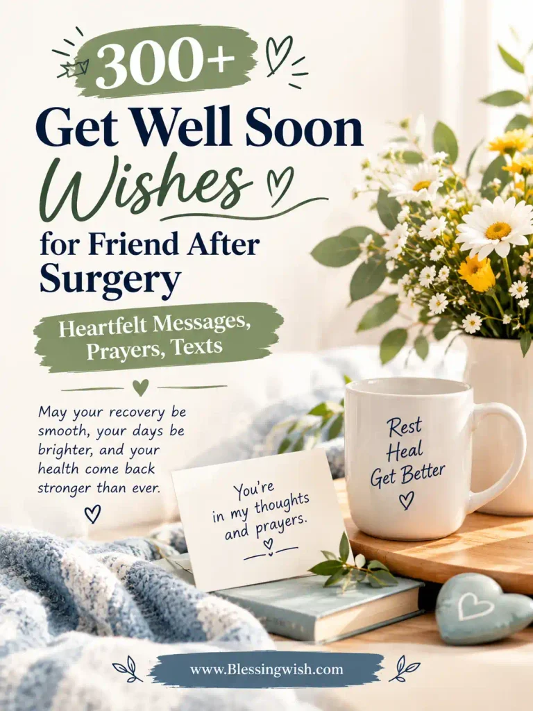 300+ Get Well Soon Wishes for a Friend After Surgery, featuring heartfelt messages, prayers, recovery wishes, flowers, and a comforting bedside theme.