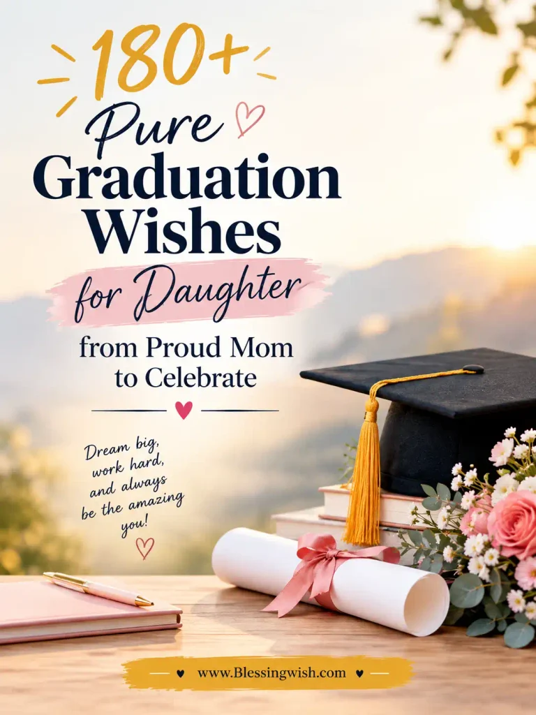 180+ pure graduation wishes for daughter from a proud mom, featuring a graduation cap, diploma, flowers, and heartfelt encouragement for her bright future.