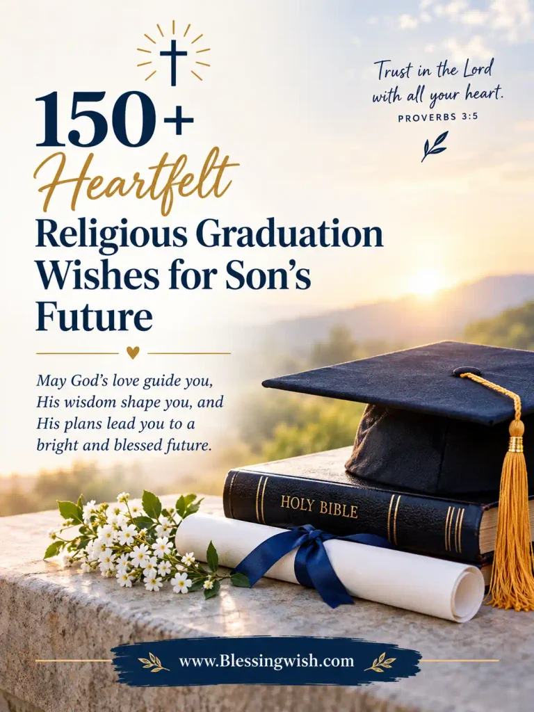 150+ heartfelt religious graduation wishes for a son’s future, featuring a graduation cap, Bible, diploma, sunrise, and a prayer for God’s guidance and blessings.