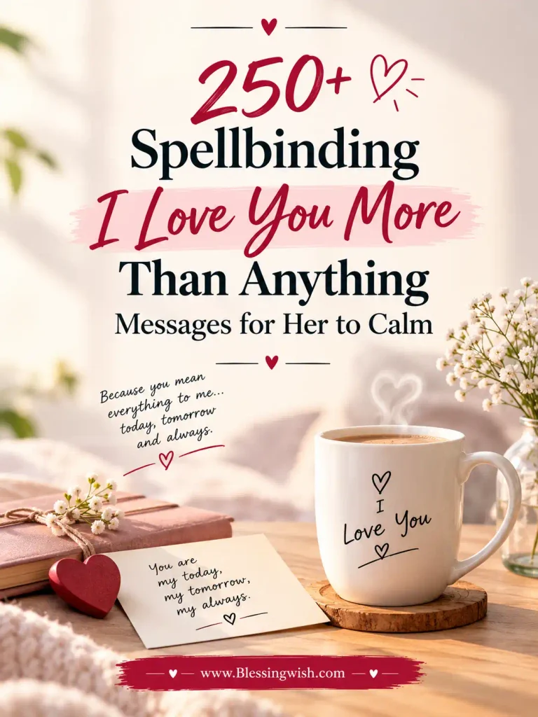 250+ spellbinding I love you more than anything messages for her, featuring a romantic minimalist design with heartfelt typography, flowers, a cozy coffee mug, and love notes.