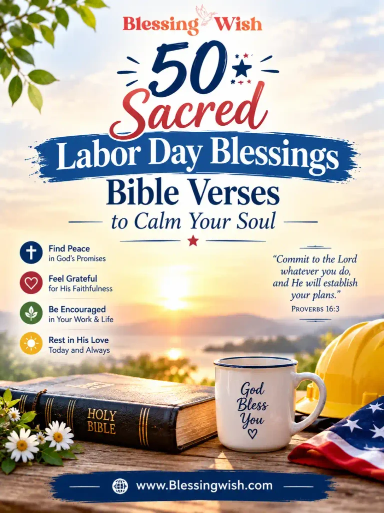 Sacred Labor Day Blessings Bible Verses in a peaceful, faith-filled design with calming tones and elegant typography. www.BlessingWish.com.