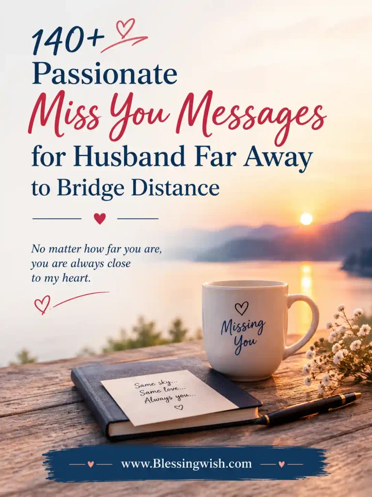 140+ passionate miss you messages for a husband far away, featuring a romantic sunset lake scene, heartfelt typography, a “Missing You” mug, love note, and www.Blessingwish.com
