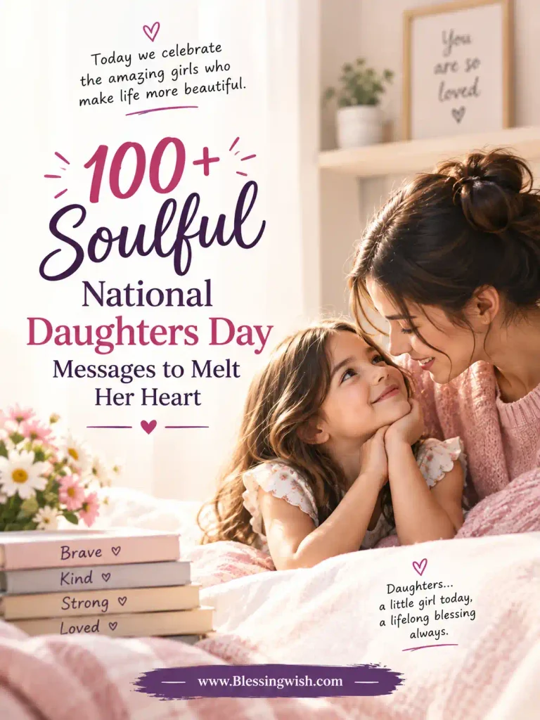 100+ soulful National Daughters Day messages to melt her heart, featuring a loving mother and daughter, soft pink tones, heartfelt typography, and a warm family theme.