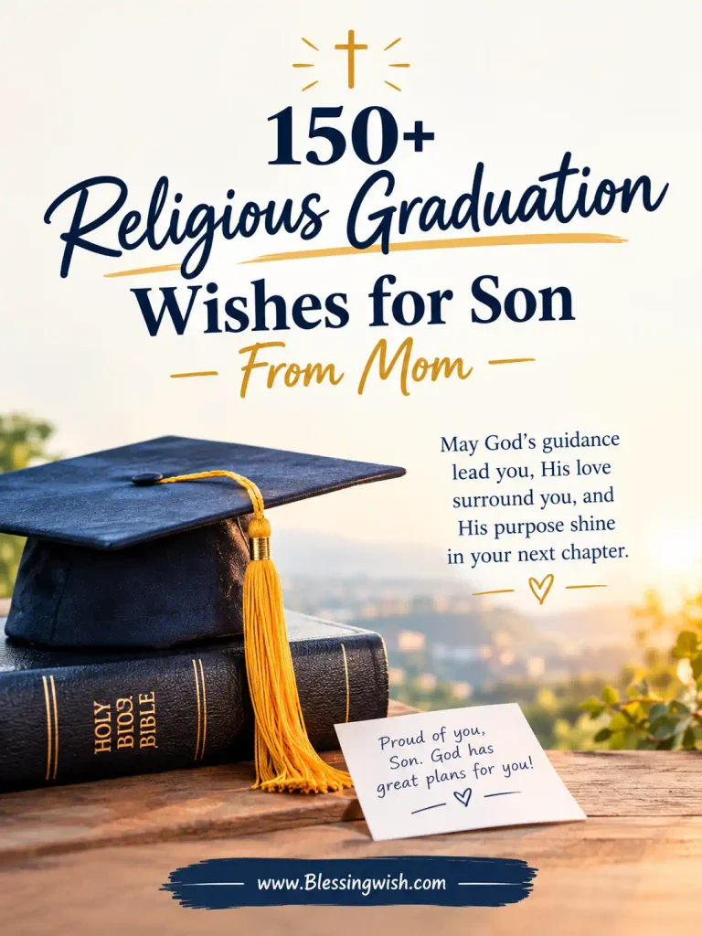 150+ religious graduation wishes for a son from mom, featuring a graduation cap, Bible, cross, and heartfelt message about God’s guidance, love, and purpose.