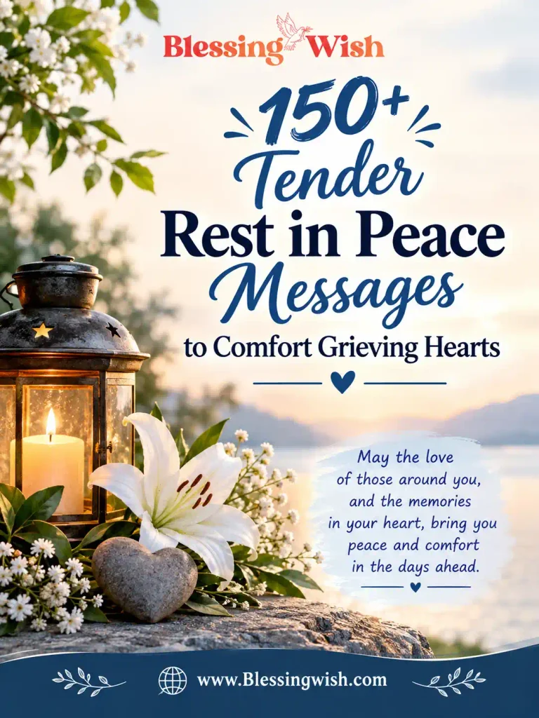 150+ tender rest in peace messages to comfort grieving hearts, featuring a peaceful memorial scene with soft, calming tones and heartfelt typography.