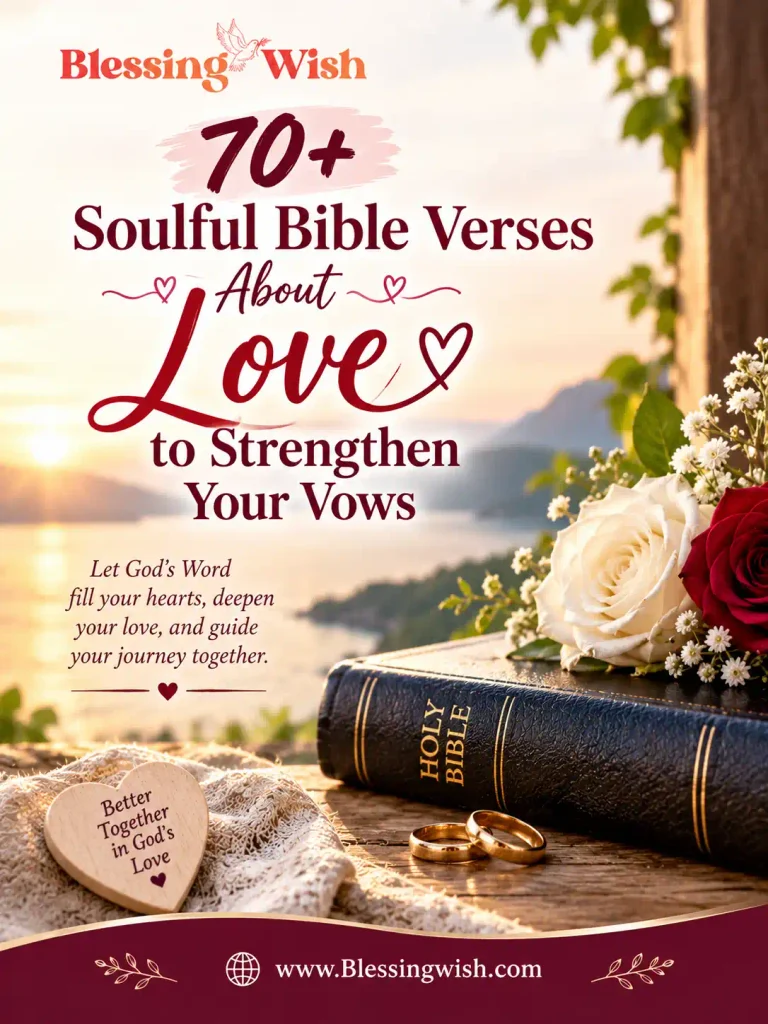 70+ soulful Bible verses about love to strengthen your vows, featuring a romantic couple and a warm faith-inspired design.