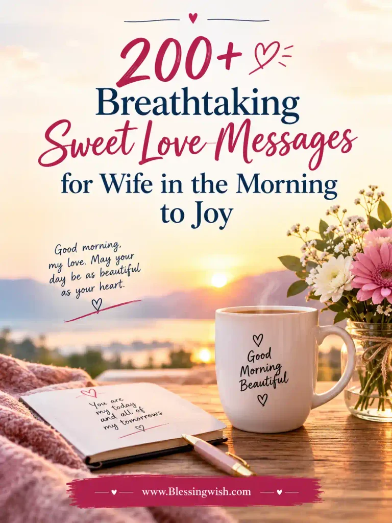 200+ Breathtaking Sweet Love Messages for Wife in the Morning to Joy 200+ heartfelt sweet love messages for wife in the morning, featuring a romantic sunrise, flowers, coffee mug, love journal, and warm colors, with www.Blessingwish.com