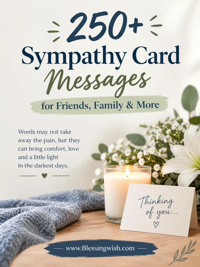 250+ sympathy card messages for friends, family, and loved ones, featuring a peaceful candle, flowers, and comforting words for difficult times.
