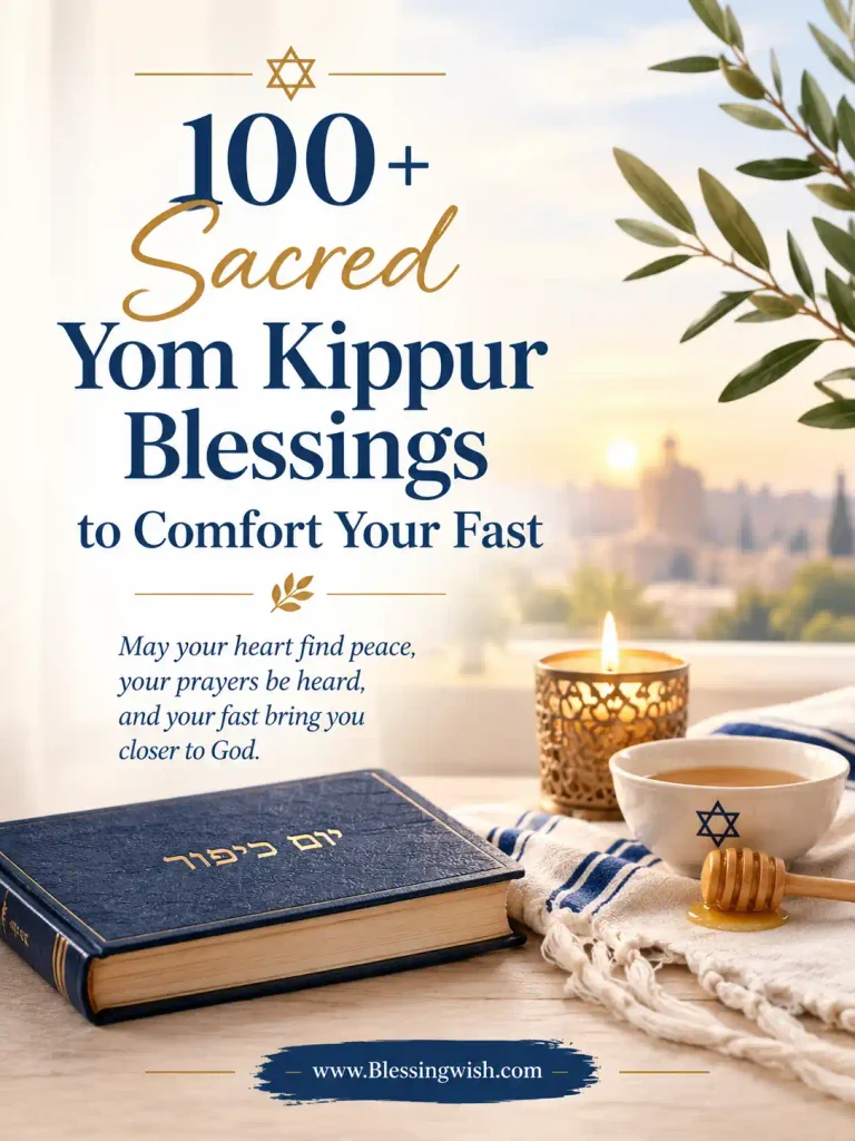 100+ Sacred Yom Kippur blessings to comfort your fast, featuring a peaceful prayer book, candle, tallit, olive branches, and a heartfelt message of faith, peace, and spiritual reflection.