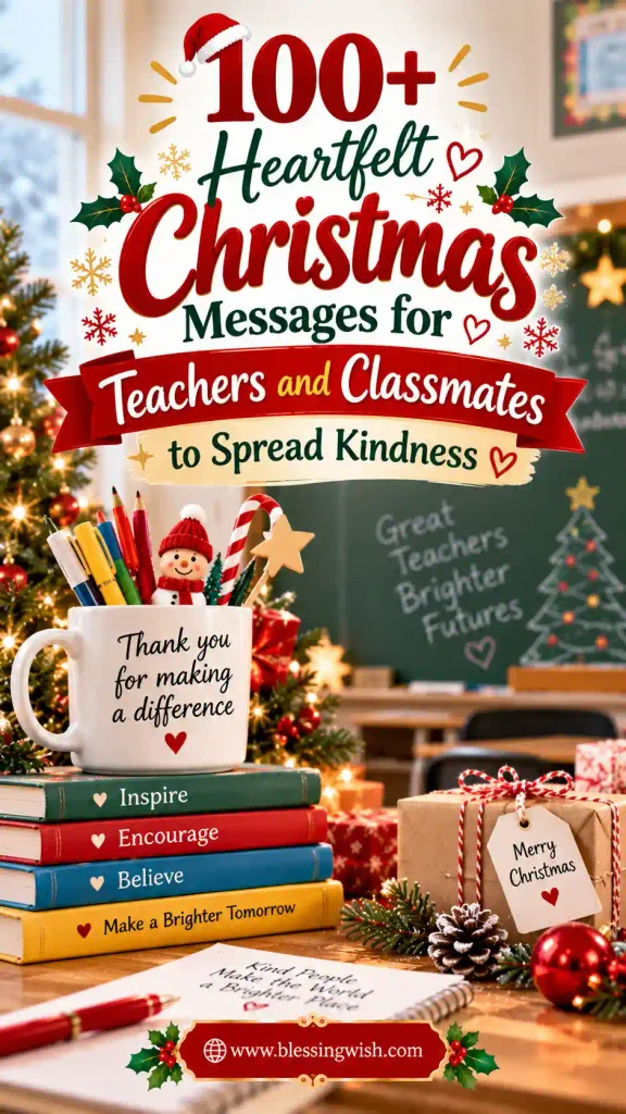 100+ Heartfelt Christmas Messages for Teachers and Classmates to Spread Kindness, featuring a festive classroom, thank-you mug, colorful books, Christmas gifts, and holiday decorations, with www.blessingwish.com in the footer.