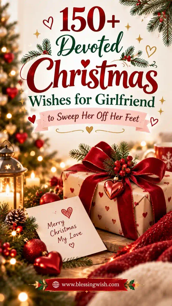 romantic Christmas wishes for girlfriend theme with elegant red and green typography, heart ornaments, a wrapped gift, a handwritten love card, and warm candlelight. The design draws on common Christmas greeting-card styles, with no people, and includes www.blessingwish.com in the footer.