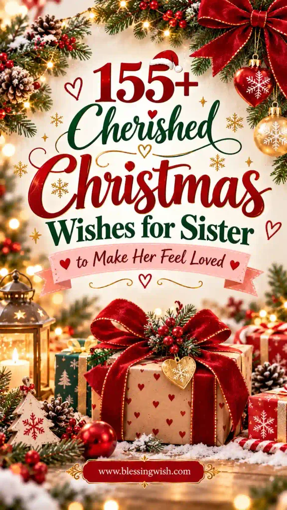 155+ Cherished Christmas Wishes for Sister to Make Her Feel Loved, featuring a festive gift, red ribbon, Christmas ornaments, and glowing holiday lights.