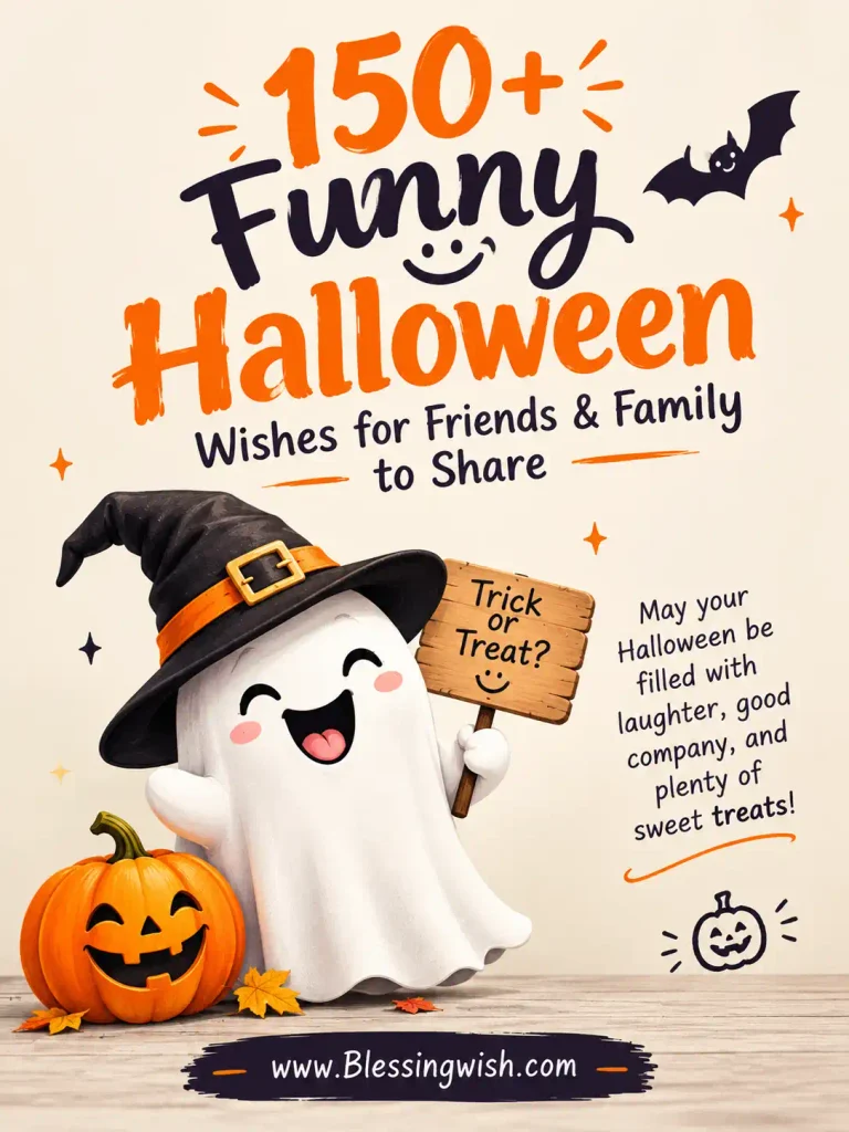 150+ funny Halloween wishes for friends and family, featuring a cheerful ghost, pumpkin, witch hat, bats, and playful Halloween decorations.