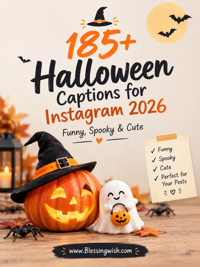 185+ Halloween captions for Instagram 2026 featuring funny, spooky, and cute ideas with pumpkins, ghosts, bats, and a festive Halloween design.