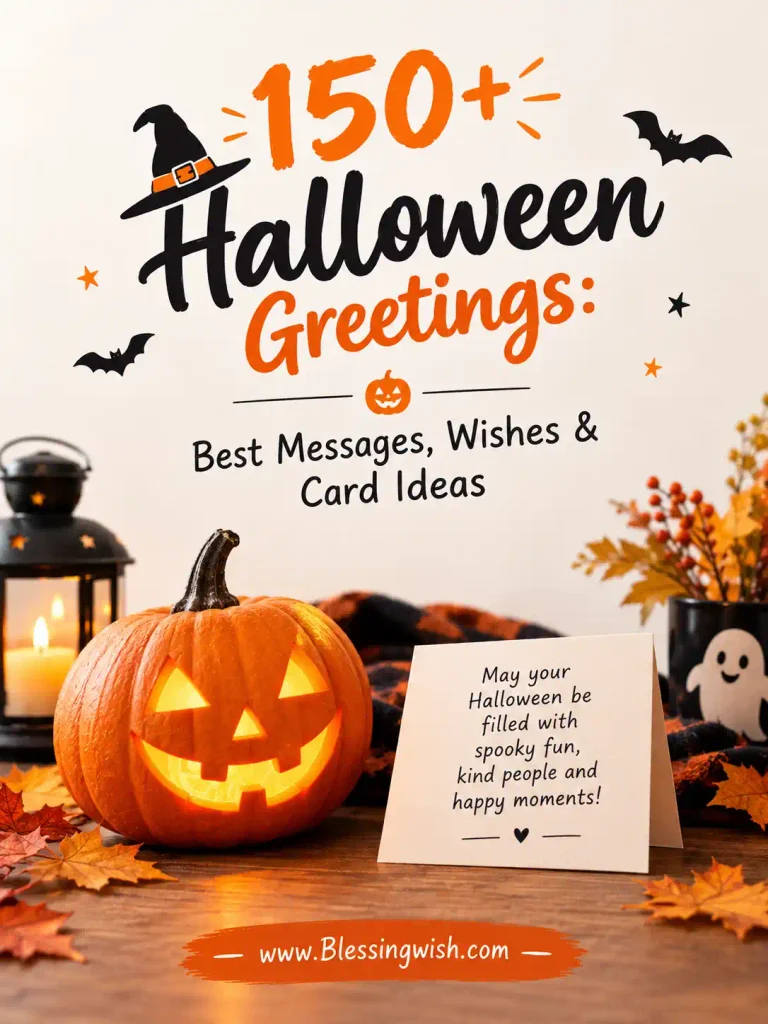 150+ Halloween Greetings featuring spooky messages, festive wishes, card ideas, a glowing jack-o'-lantern, bats, autumn decor, and www.Blessingwish.com.