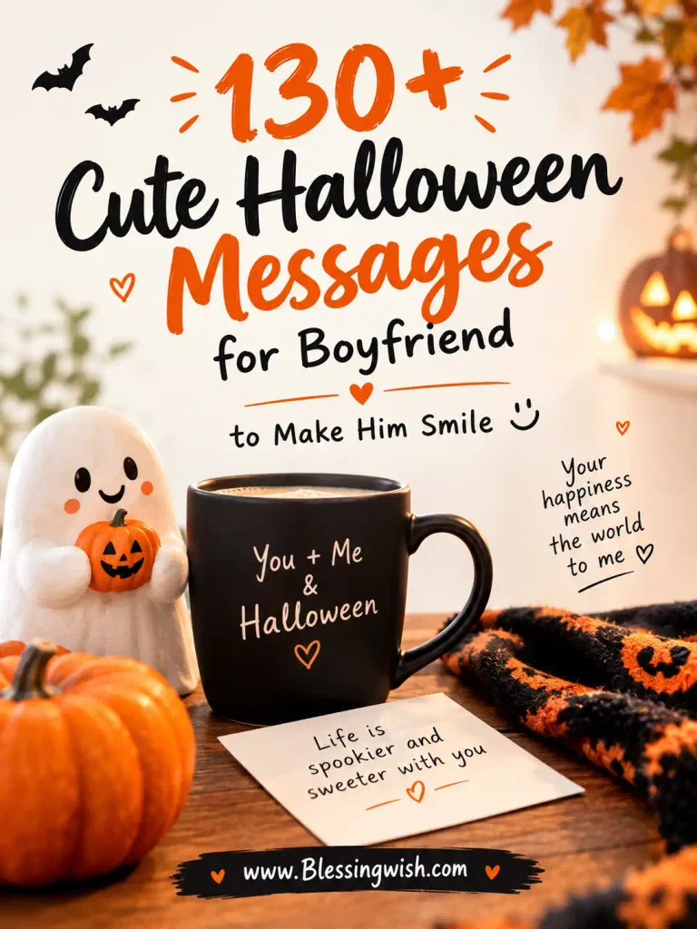 130+ cute Halloween messages for boyfriend to make him smile, featuring romantic pumpkins, a playful ghost, cozy autumn details, and BlessingWish.com.