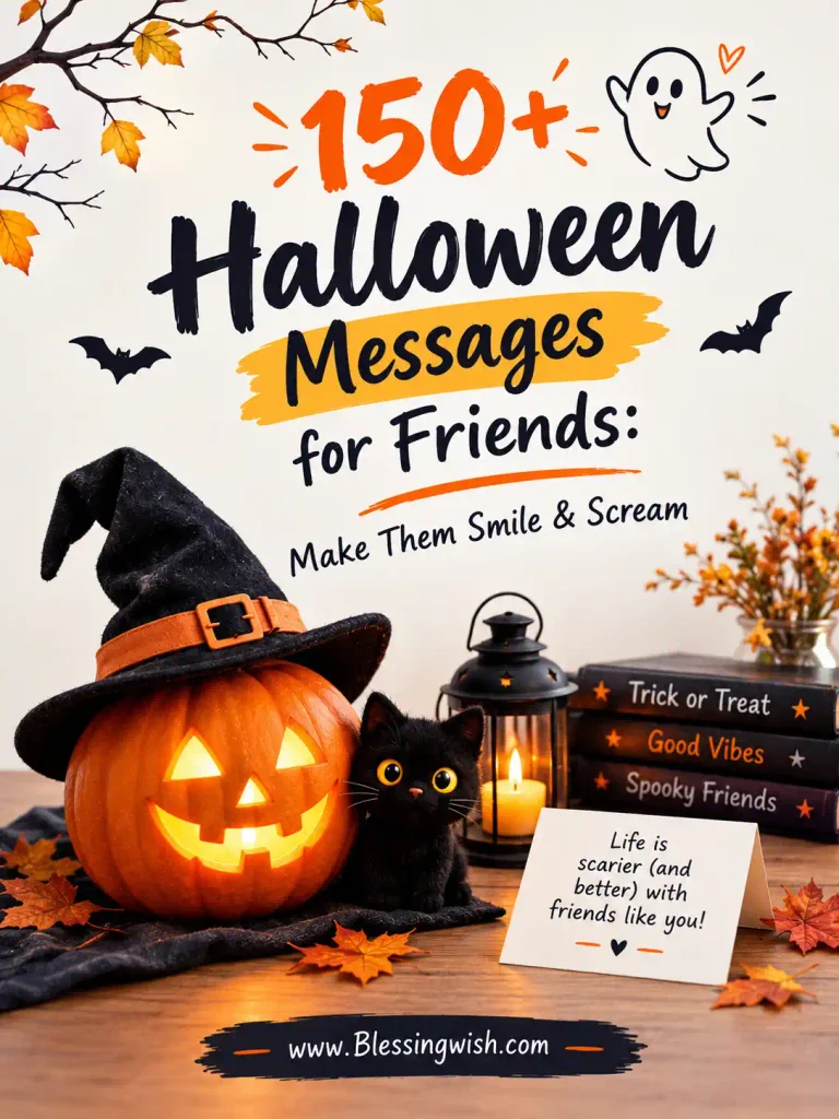 150+ Halloween messages for friends with a spooky, fun design featuring pumpkins, a black cat, bats, autumn leaves, and a cozy Halloween theme.