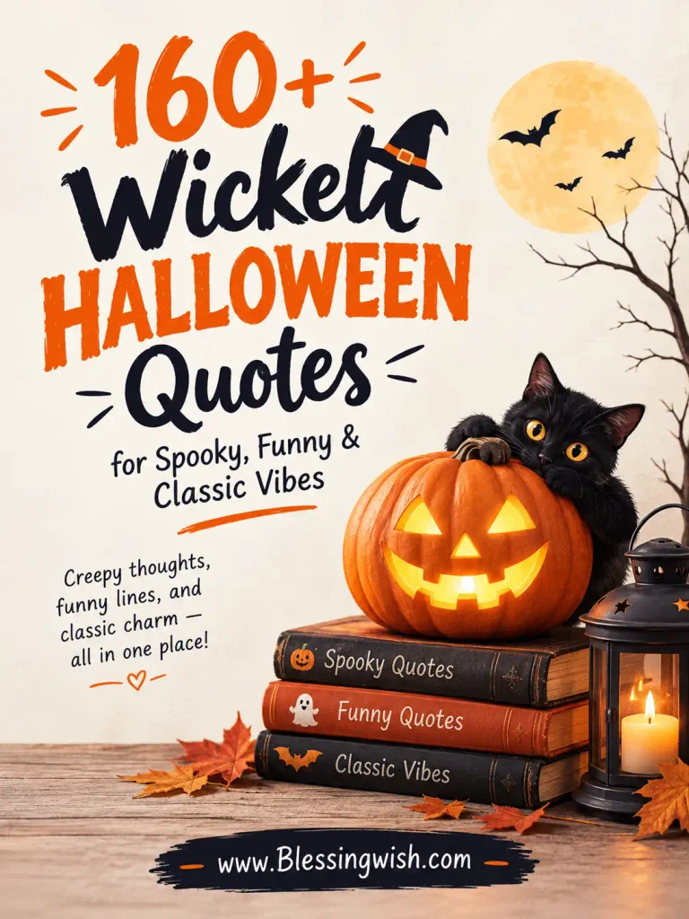 160+ Wicked Halloween Quotes graphic featuring a glowing jack-o’-lantern, black cat, bats, autumn leaves, spooky books, and candlelit decor for spooky, funny, and classic vibes.