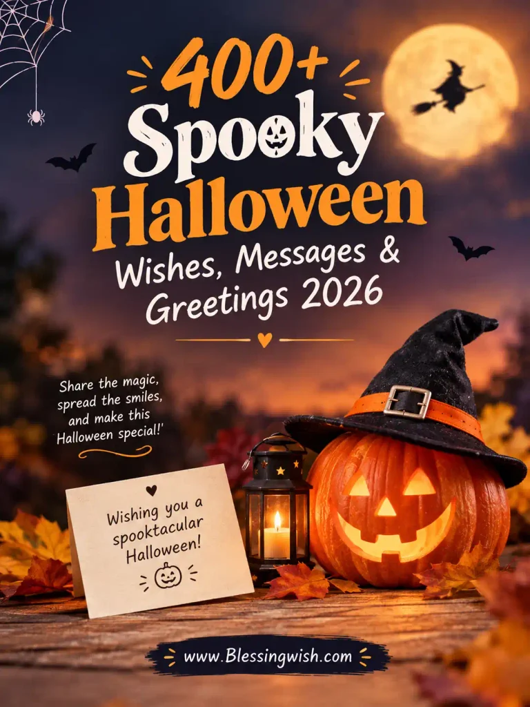 400+ Spooky Halloween Wishes, Messages & Greetings 2026 with pumpkins, witch hat, glowing lantern, bats, and a festive Halloween night scene.