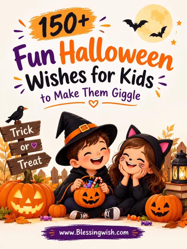 150+ Fun Halloween Wishes for Kids to Make Them Giggle, featuring cheerful trick-or-treating children, pumpkins, bats, candy, and a playful Halloween theme.