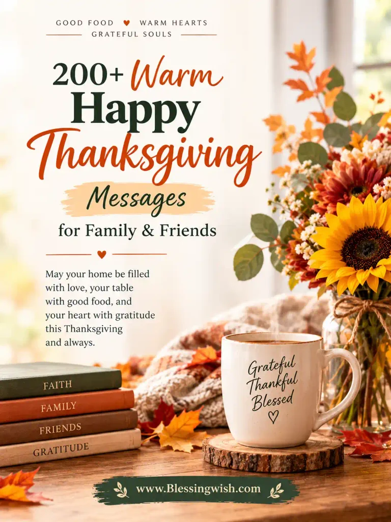 200+ warm Happy Thanksgiving messages for family and friends with autumn flowers, cozy decor, gratitude, and www.Blessingwish.com